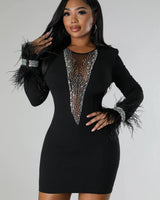 Tessai Crystal Black Feather and Rhinestone Dress - Black front view showing mini dress silhouette