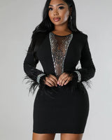 Tessai Crystal Black Feather and Rhinestone Dress - Black side view highlighting short hemline