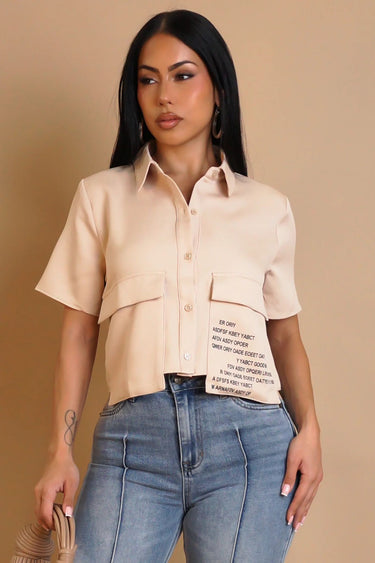 Text Edit Cropped Utility Shirt - Taupe - Palazzo Couture Online