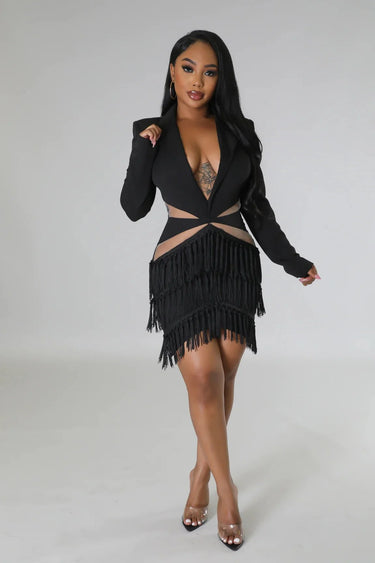 Tialeigh Black Fringe Dress with Sheer Cutout Details close up detail of cutout design