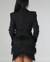 Tialeigh Black Fringe Dress with Sheer Cutout Details showing dress construction and fit details