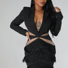 Tialeigh Black Fringe Dress with Sheer Cutout Details front view showing mini dress silhouette