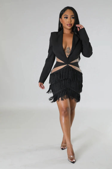 Tialeigh Black Fringe Dress with Sheer Cutout Details side view highlighting short hemline