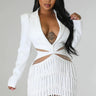Tialeigh White Fringe Dress with Sheer Details and Long Sleeves front view showing mini dress silhouette