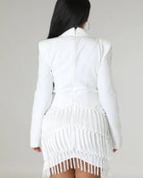 Elegant White long sleeve mini dress on model styled for going out