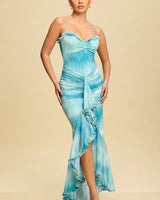 Tidal Glow Ruffle Mesh High - Low Dress - Teal - Palazzo Couture Online