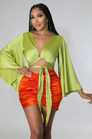 tie front satin blouse kiwi side angle