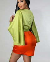 green satin long sleeve blouse back view