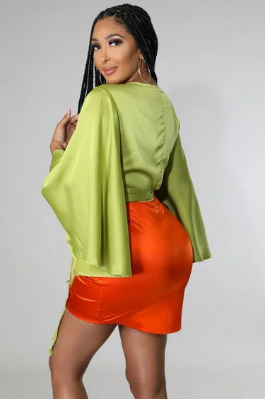 green satin long sleeve blouse back view