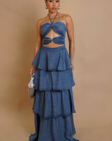 Tiered Twist - Front Denim Maxi Dress - Denim - Palazzo Couture Online