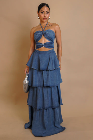 Tiered Twist - Front Denim Maxi Dress - Denim - Palazzo Couture Online