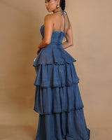Tiered Twist - Front Denim Maxi Dress - Denim - Palazzo Couture Online