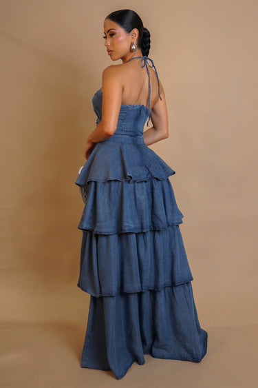 Tiered Twist-Front Denim Maxi Dress -Denim close up detail of tiered design and fabric