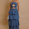 Tiered Twist-Front Denim Maxi Dress -Denim front view showing full-length maxi silhouette