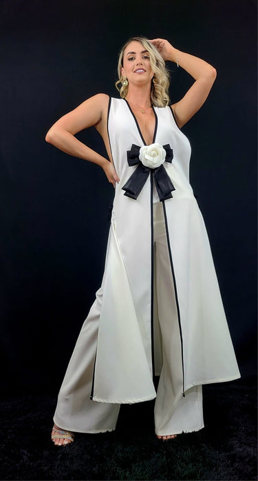 Belted ivory pant set – Timeless Bloom Pant Set with floral detail