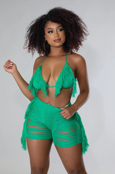 Women's Waisted short set fringe style back view