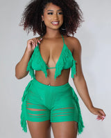 Tropic Sand Green Fringe Set with Triangle Top and High-Waisted Shorts front view showing complete two piece short set