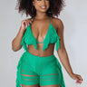 Tropic Sand Green Fringe Set with Triangle Top and High-Waisted Shorts front view showing complete two piece short set