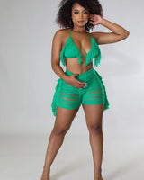 Tropic Sand Green Fringe Set with Triangle Top and High-Waisted Shorts close up of fringe top design and fabric detail
