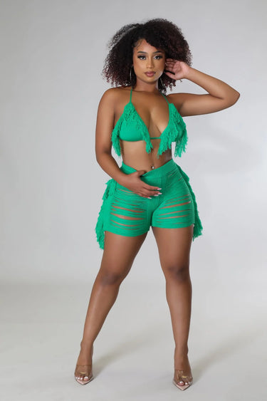 Tropic Sand Green Fringe Set with Triangle Top and High-Waisted Shorts close up of fringe top design and fabric detail