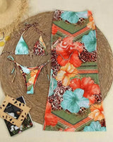 Tropic Wild 3-Piece Bikini & Skirt Set - Blue Multi Print - tropical bikini set
