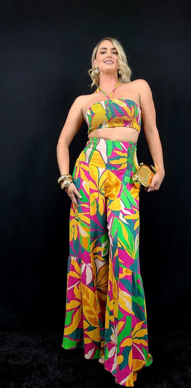 Tropical Bliss Printed Linen Two Piece Pant Set - Palazzo Couture Online