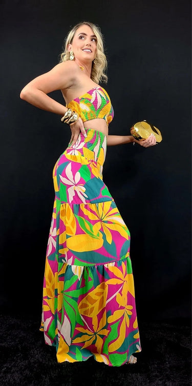 Tropical Bliss Printed Linen Two Piece Pant Set showing coordinated top and pants construction