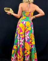 Tropical Bliss Printed Linen Two Piece Pant Set side view showing pants silhouette and fit