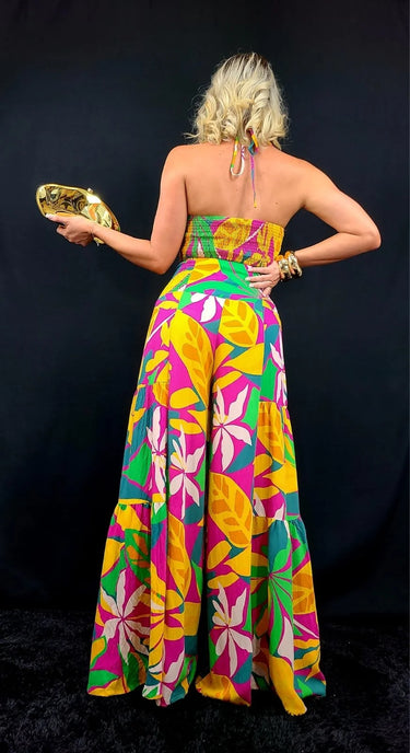 Tropical Bliss Printed Linen Two Piece Pant Set side view showing pants silhouette and fit