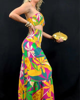Tropical Bliss Printed Linen Two Piece Pant Set close up of print top design and fabric detail
