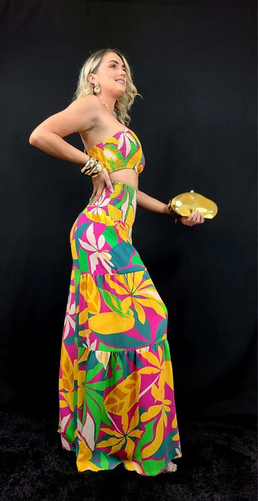 Tropical Bliss Printed Linen Two Piece Pant Set close up of print top design and fabric detail