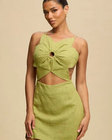 Tropical Bloom Cut-Out Mini Dress - Olive front view showing mini dress silhouette