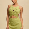 Tropical Bloom Cut-Out Mini Dress - Olive front view showing mini dress silhouette