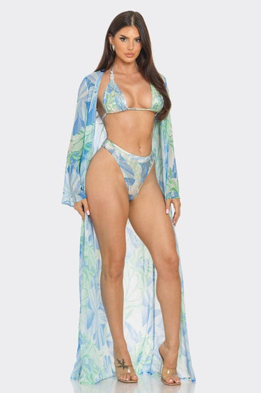 Tropical Breeze 3 - Piece Bikini and Duster Set (Blue) - Palazzo Couture Online