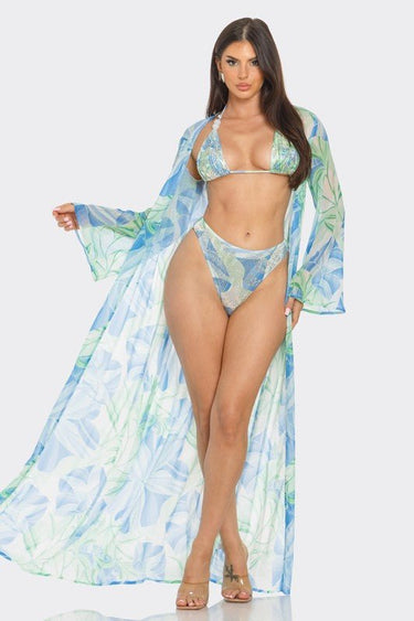 Tropical Breeze 3 - Piece Bikini and Duster Set (Blue) - Palazzo Couture Online