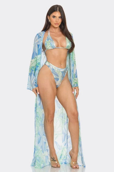 Tropical Breeze 3-Piece Bikini and Duster Set (Blue) - women's swimwear for beach and pool