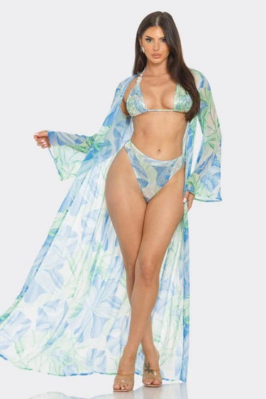Tropical Breeze 3-Piece Bikini and Duster Set (Blue) for women - bikini set by Palazzo Couture