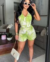 Tropical Breeze Halter Short Set Ivory/Green front view showing complete two piece short set