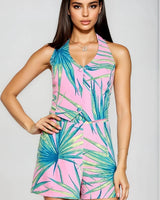 Tropical Breeze Halter Short Set - Pink/Teal front view showing complete two piece short set