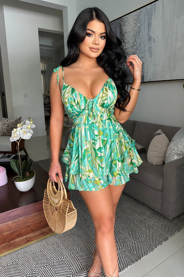 Women’s tropical print ruffle romper in green multicolor – breezy resort style one‑piece