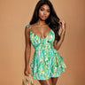 Tropical breeze ruffle romper green multicolor – lightweight summer playsuit for women