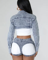 True Icon White Denim Short Set – Chic Two‑Piece Outfit full body look paired with heels and accessories