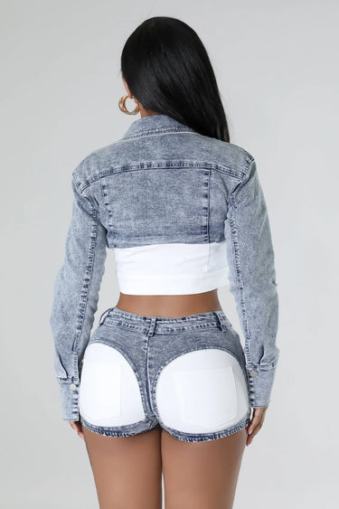 True Icon White Denim Short Set – Chic Two‑Piece Outfit full body look paired with heels and accessories