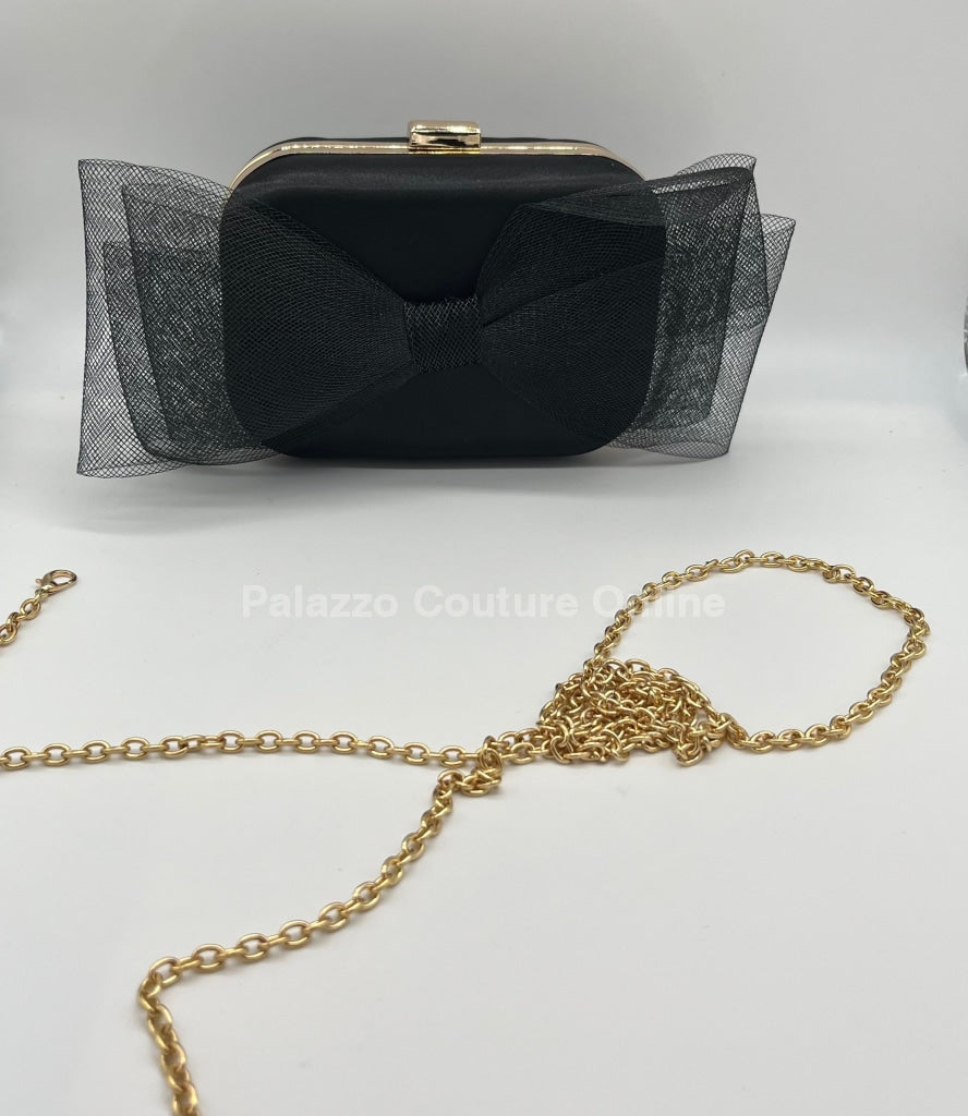 Tull Bow Satin Clutch Black Hand Bag