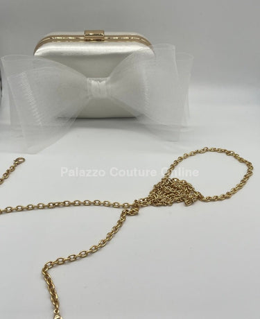Tull Bow Satin Clutch White - Palazzo Couture Online