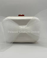 Tull Bow Satin Clutch White - Palazzo Couture Online