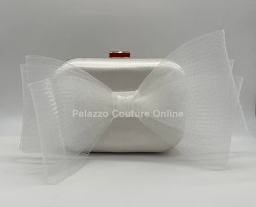 Tull Bow Satin Clutch White - Palazzo Couture Online