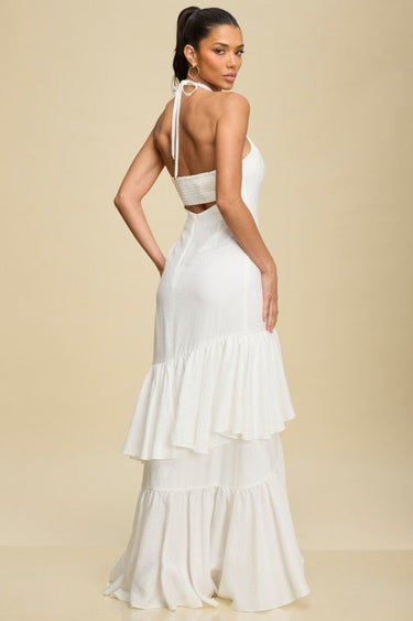 Twist & Ruffle Halter Maxi Dress - White - Palazzo Couture Online