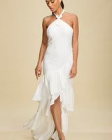 Twist & Ruffle Halter Maxi Dress - White - Palazzo Couture Online