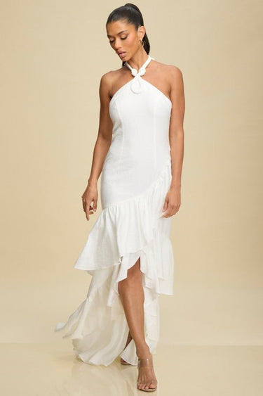 Twist & Ruffle Halter Maxi Dress - White - Palazzo Couture Online
